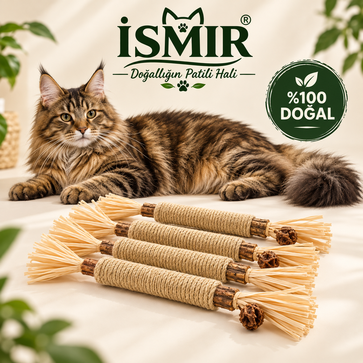 ISMİR Doğal Sisal İpli Ahşap Kedi Oyuncağı