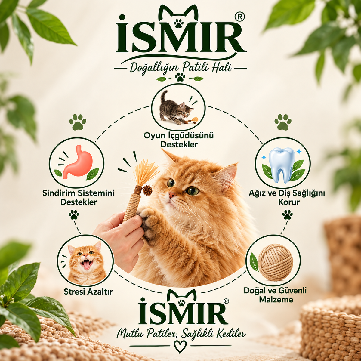 ISMİR Doğal Sisal İpli Ahşap Kedi Oyuncağı