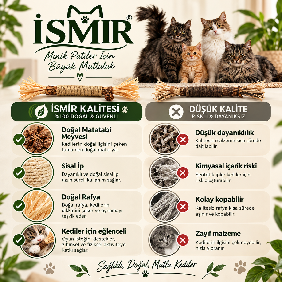ISMİR Doğal Sisal İpli Ahşap Kedi Oyuncağı